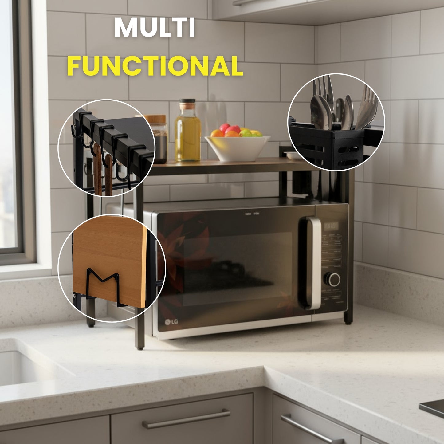 Heavy Duty Adjustable Microwave Oven Stand for Kitchen | Space Saving Countertop Organizer Rack
