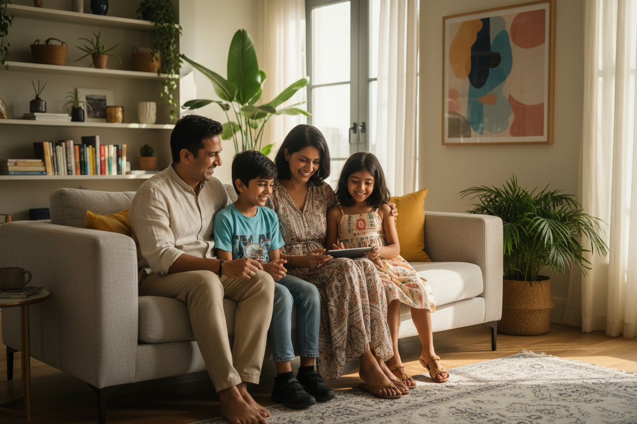 happy indian family with modern lifestyle